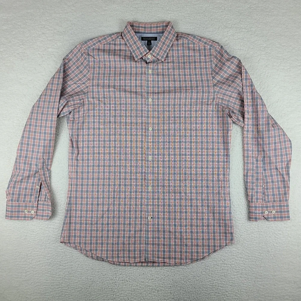 Banana Republic Shirt Mens XL Blue Orange Non‎ Iron Tailored Slim Fit Button Up